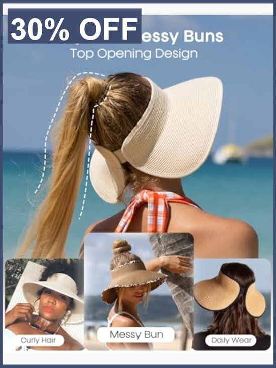Womens Sun Hat with Ponytail Hole Wide Brim Foldable Packable Beach Visor main image 5